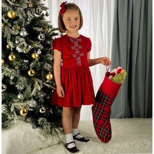 Rachel Riley Girls Red Velvet Dress With Plaid Bow Detail Size 3Y $155